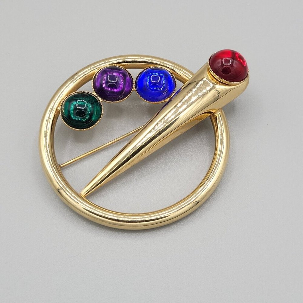 Womens Gold Tone Metal Multicolor Stones Round Fashion Brooch Pin Large